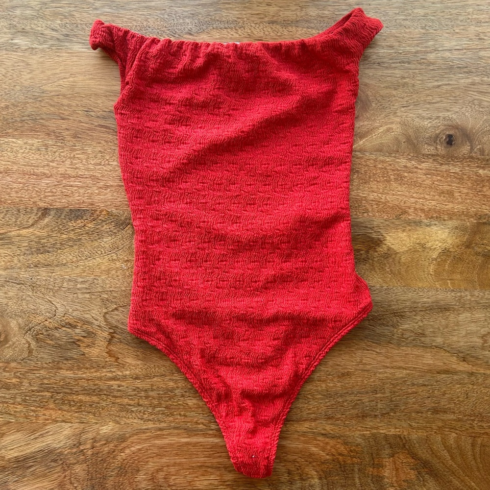 Bershka Textured Red Off-Shoulder Bodysuit